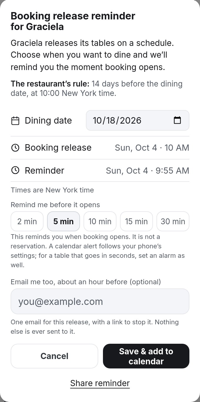 The real booking-release reminder in Sanders Guide for Graciela: its rule, when booking opens and when you’ll be reminded